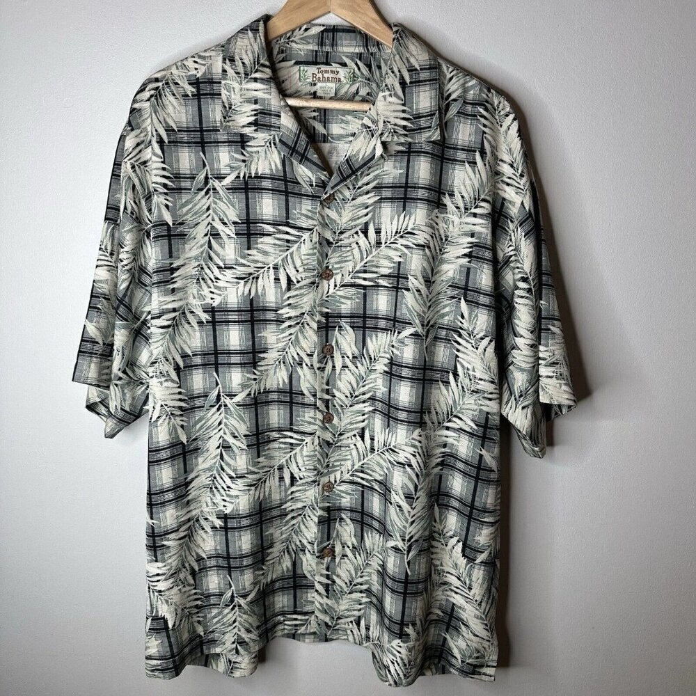 VTG Tommy Bahama Hawaiian Silk Shirt Mens Size L Black White Plaid Floral Button